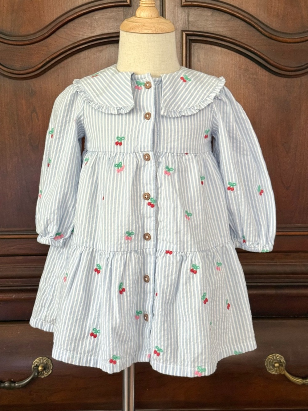Marks & Spencer Baby Girl Cherry Embroidered Seersucker Dress 12-18M Blue Stripe